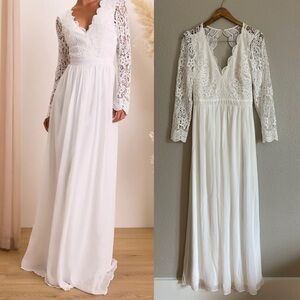 White Long Sleeve Lace Maxi Dress Large